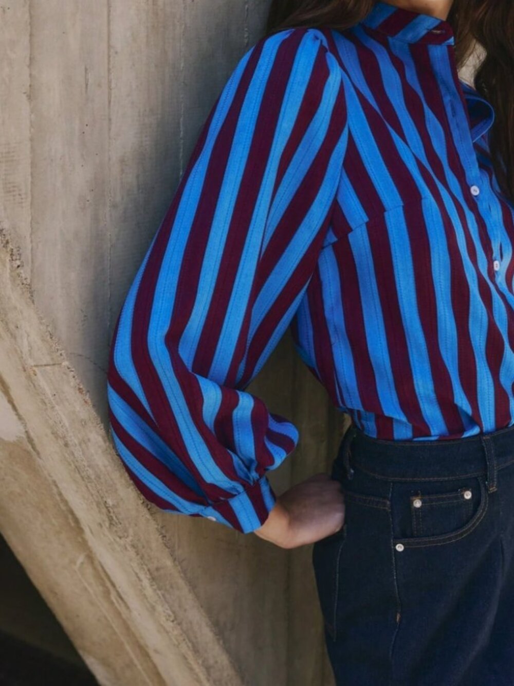 Blue Striped Button Down Shirt Bishop Sleeve Collared Long Sleeve Top